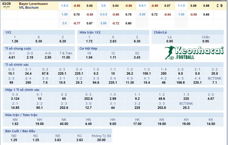 Soi kèo Bayer Leverkusen vs Bochum - 2h30 ngày 29/3 - Bundesliga 4 Tỷ lệ kèo Bayer Leverkusen vs Bochum