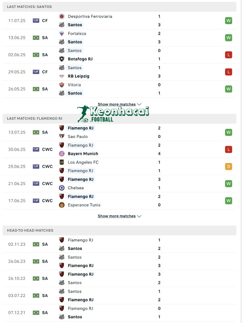 Phong độ và lịch sử đối đầu của Santos vs Flamengo RJ  