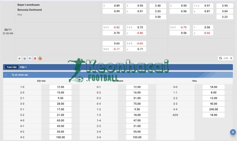 Tỷ lệ kèo Bayer Leverkusen vs Dortmund