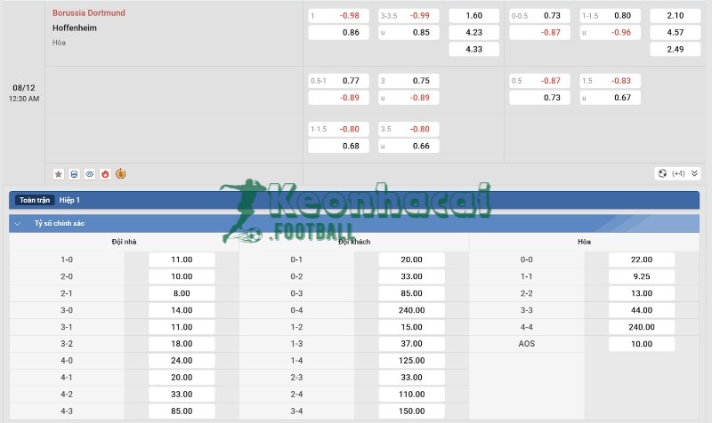 Soi kèo Dortmund vs Hoffenheim - 23h30 ngày 07/12 - Bundesliga 4 Tỷ lệ kèo Dortmund vs Hoffenheim