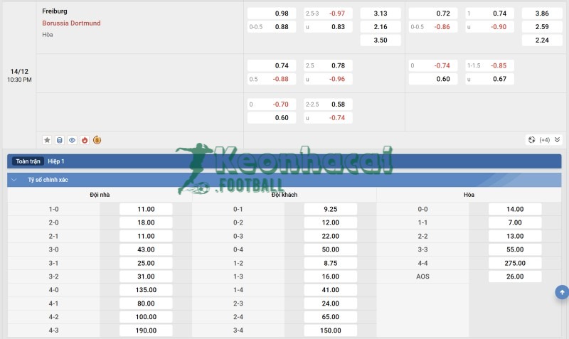 Soi kèo Freiburg vs Dortmund - 21h30 ngày 14/12 - Bundesliga 4 Tỷ lệ kèo Freiburg vs Dortmund