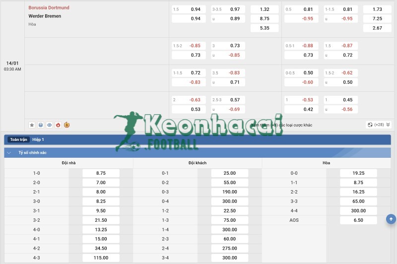 Tỷ lệ kèo Dortmund vs Werder Bremen