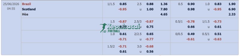 Soi kèo Scotland vs Brazil - 5h00 ngày 25/6 - World Cup 4 Tỷ lệ kèo Scotland vs Brazil